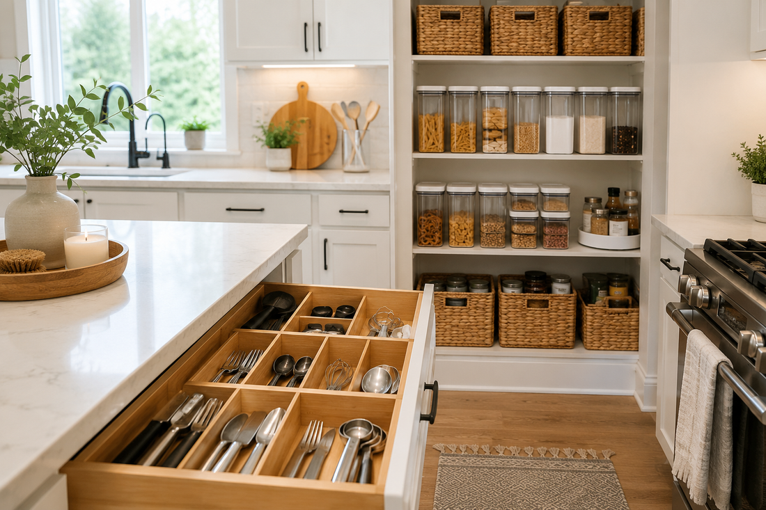 Bright, organized modern kitchen with bamboo drawer organizers, clear pantry containers, and clean white cabinets.